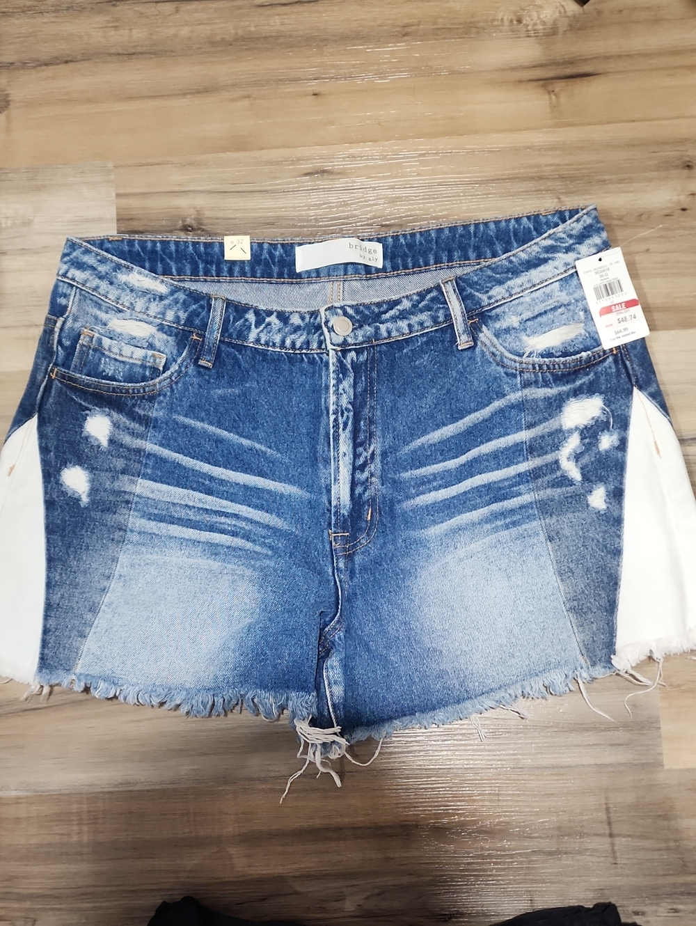 Bridge Blue Distressed Denim Shorts with White Side Panels